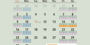 2026年8月の営業日カレンダー / [月]…中華そば屋 / [金・土・日]…居酒屋